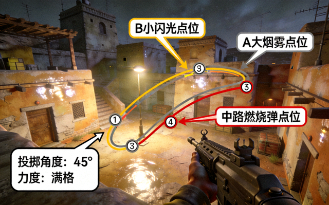 CSGO荒漠迷城投掷物高清点位3D视频教学示意图